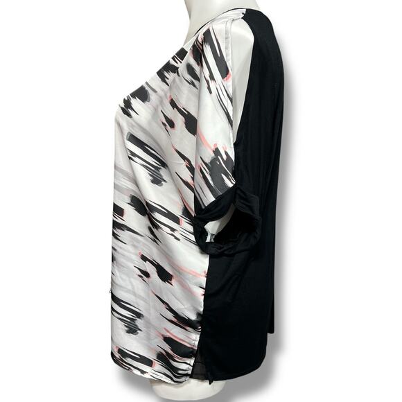 Rebel Womens Blouse Top Shirt Cold Shoulder Abstract Print Black White Pink 2X - Picture 5 of 10